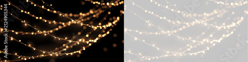 Golden garland string lights bokeh overlay on black and transparent background. Festive glowing lights string background