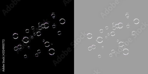 Scattered transparent soap bubbles floating isolated on black and transparent background. Realistic water sphere overlay element