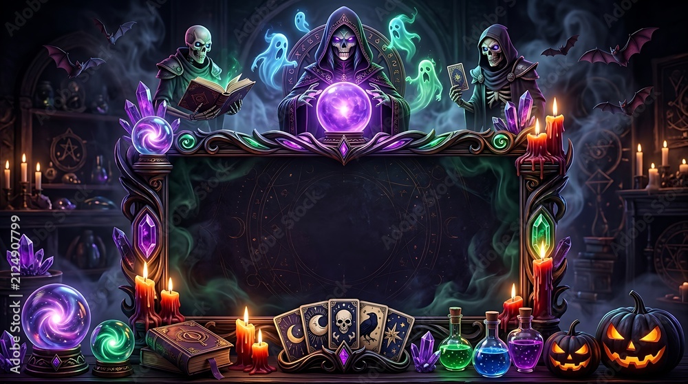 Fototapeta premium Mystic Fortune Teller Event Frame Featuring Spooky Spirits and Magical Artifacts