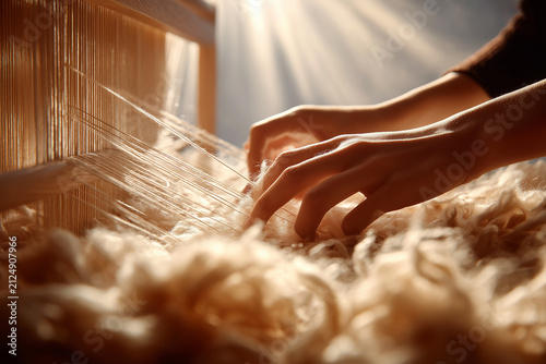 Hands operating wooden loom weaving organic wool blanket in workshop
