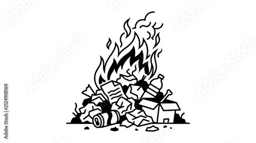 Canvastavla Burning Trash Pile Illustration: Paper, Plastic Bottle, Can, Cardboard Box