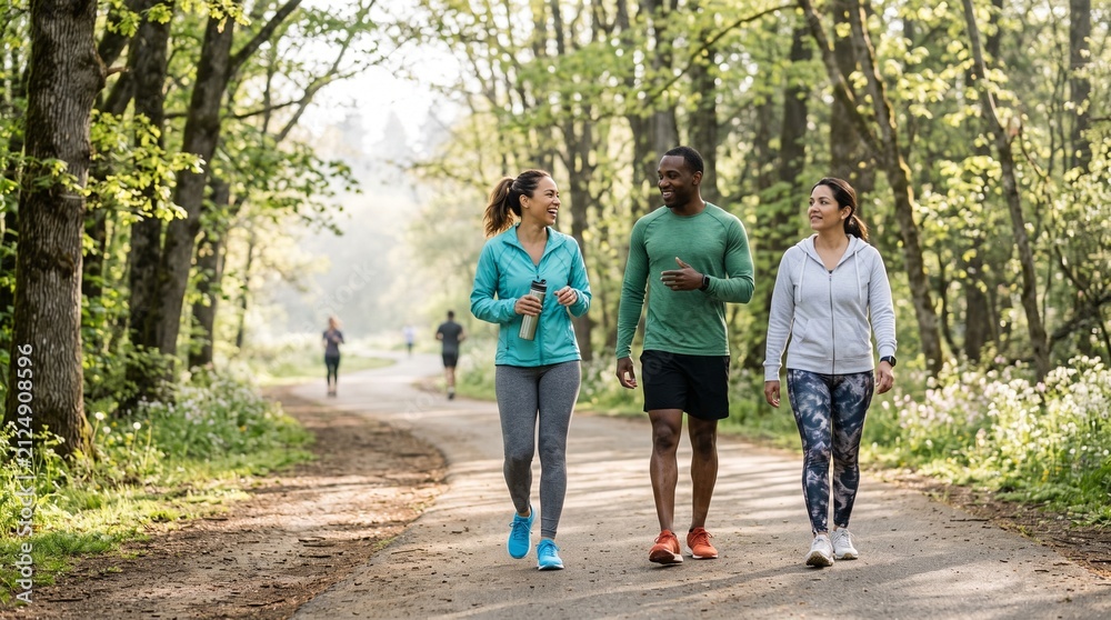 Obraz premium Active Lifestyle Featuring a Refreshing Morning Walk Along Tree Lined Path Promoting Wellness Mindfulness and Everyday Healthy Living Habits