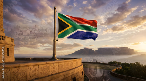 Majestic South African Flag Waving Over Table Mountain At Sunset