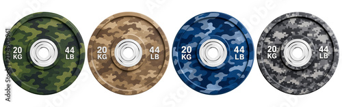 Bumper Plates Printed camouflage design isolated rubber gym weight camo color plate set, athletic equipment fitness strength workout