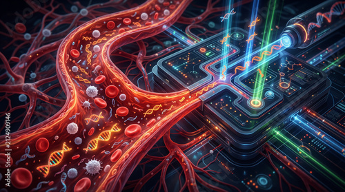 A visualization of liquid biopsy technology, where circulating tumor DNA fragments float in a digital bloodstream
