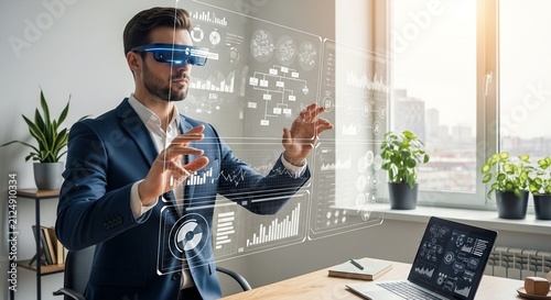 Businessman in AR Glasses Interacting with Digital Interface in Modern Office