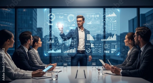 Businessman Interacting with Futuristic Dashboard at Board Meeting