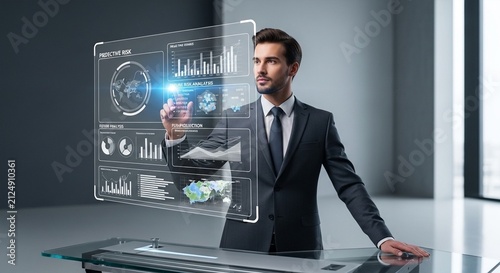 Businessman Interacting with Futuristic Digital Interface and Data Visualization