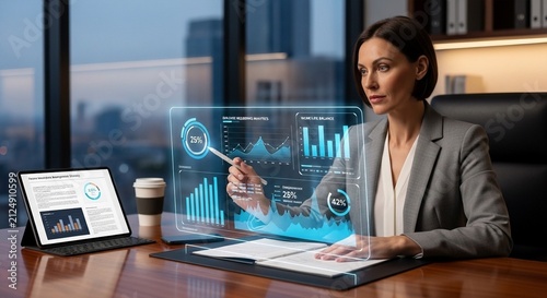 Businesswoman Analyzing Holographic Data Dashboard in Modern Office