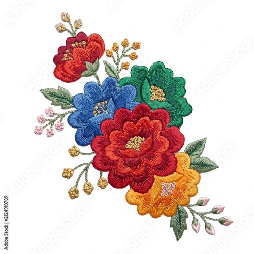 Embroidery design featuring a vibrant and colorful floral bouquet display creates a stunning artistic element that works perfectly for fashion apparel, craft projects, and intricate textile.