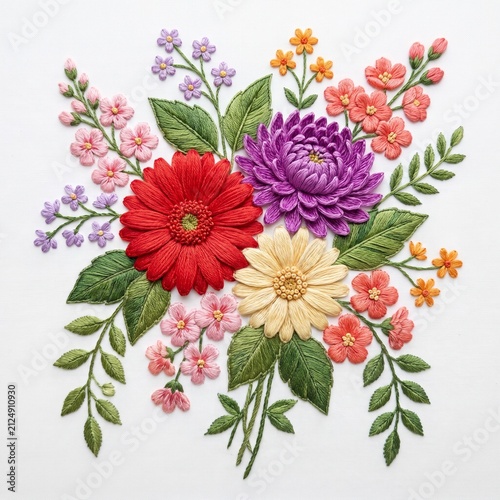 Flowers styled in a lush bouquet combine a striking red gerbera daisy with purple chrysanthemums and tiny pink florets to offer a beautiful and versatile botanical graphic for artistic applications.