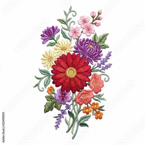 Flowers arranged in a vertical bouquet feature vibrant red gerbera daisies alongside purple chrysanthemums and delicate pink cherry blossoms to create a sophisticated botanical art piece for decor.