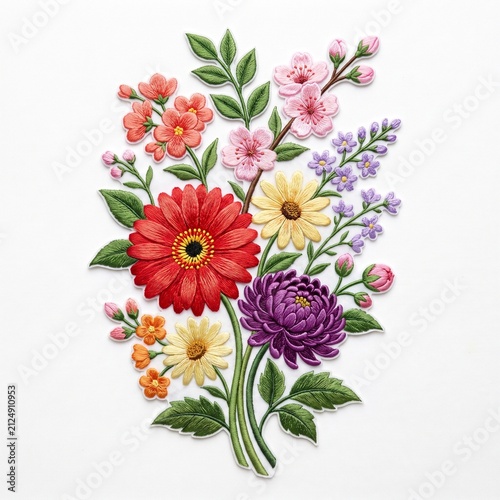 Flowers depicted in this vertical arrangement showcase a deep red gerbera daisy surrounded by purple mums and soft pink blossoms to provide a polished botanical aesthetic for creative design projects.
