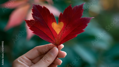 Closeup of a maple leaf with a heart-shaped cutout held between fingers for autumn wallpaper and romantic seasonal poster design