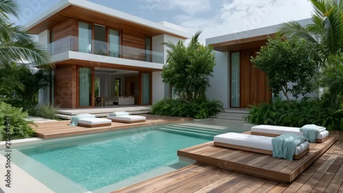 Contemporary two story villa with private pool and wooden deck for luxury vacation rental background and outdoor design