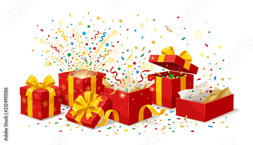Wrapped gift boxes exploding with confetti during celebration vector illustration on black