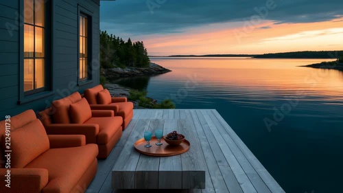 Lakeside wooden dock with orange armchairs for sunset background and cozy relaxation banner design for retreat and leisure use