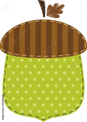 Autumn Acorn Clipart with Patchwork Patterns, Cute Fall Woodland Nuts, Rustic Fabric Style Illustration Isolated