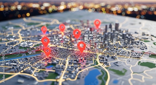 Digital City Map with Red Location Pins and Connected Transportation Routes, Smart Logistics Concept for Delivery Tracking, Navigation, Supply Chain, Urban Mobility and Location Based Services
