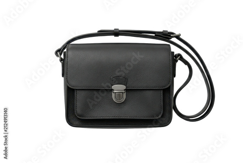 Black leather crossbody bag with metal clasp isolated on black background