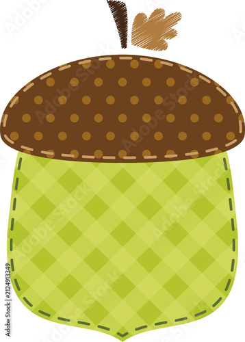 Autumn Acorn Clipart with Patchwork Patterns, Cute Fall Woodland Nuts, Rustic Fabric Style Illustration Isolated