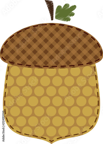 Autumn Acorn Clipart with Patchwork Patterns, Cute Fall Woodland Nuts, Rustic Fabric Style Illustration Isolated