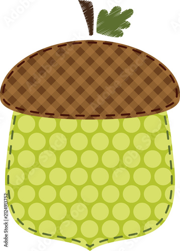 Autumn Acorn Clipart with Patchwork Patterns, Cute Fall Woodland Nuts, Rustic Fabric Style Illustration Isolated