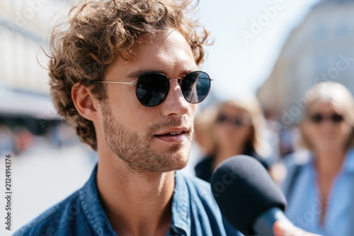 Reporter conducting street interview in city
