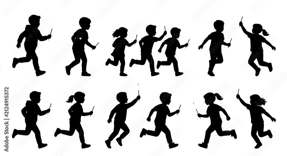 Obraz premium Children Silhouettes Set, Running Kids with Wands, Magical Play Vector Pack, Childhood Fantasy Graphics