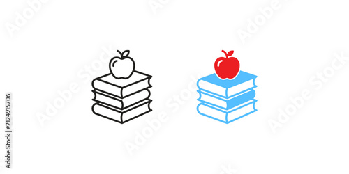Education icon set featuring stack of three books topped with fresh red apple in both linear outline and blue color filled styles for school and academic learning design themes.