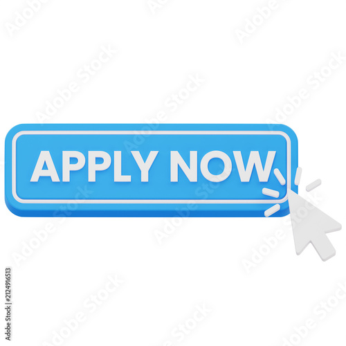Blue apply now button with mouse cursor 3D rendering for website registration
