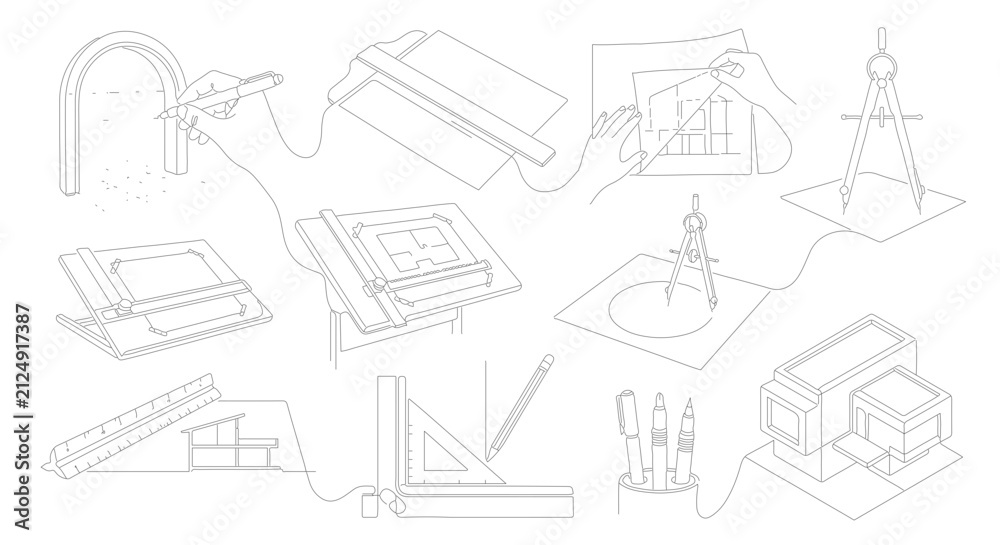 Fototapeta premium Architectural Drafting Tools Collection, Blueprint Design Elements, Engineering Instruments, Technical Drawing Equipment, Precision Measurement Tools, Construction Planning Graphics