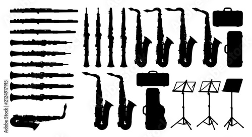 Photography Vector Silhouettes of Musical Instruments: Saxophones, Clarinets, Cases, and Mus