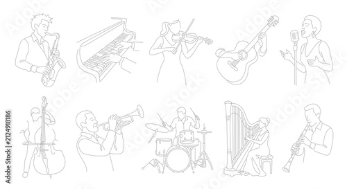 Canvas Print Minimalist Line Art Music Icons: Jazz Band Performers, Instruments, and Vocalist