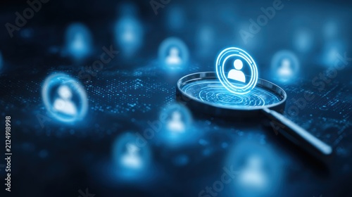 Magnifying glass over glowing blue user profile icon network of people symbols in background