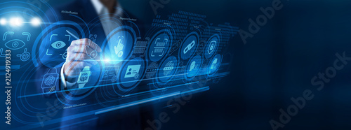 Photography Security expert pointing the pen testing Biometric recognition on a high-tech virtual screen