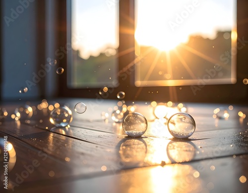 Transparent spheres scatter on a wooden floor, sunlit window behind