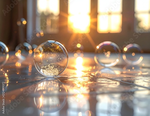 Soap bubbles with golden flakes reflecting sunlight, on a tiled floor near windows