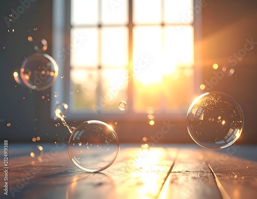 Sunlight streams through a window, illuminating floating bubbles on a wooden floor