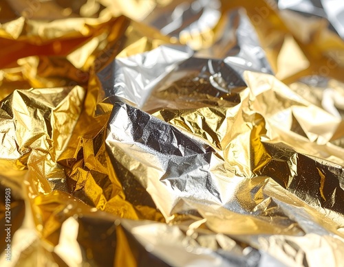 Close-up of crumpled, reflective surface of layered silver and gold foils