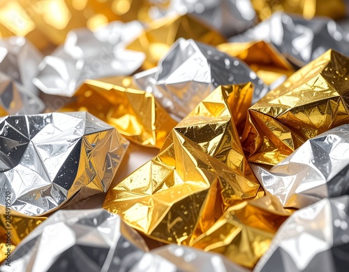 Close-up of crumpled, metallic silver and gold paper, geometric shapes, light reflection