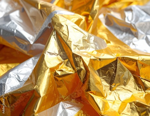 Close-up of crumpled gold and silver foil, reflecting light, with sharp folds and textures (1)