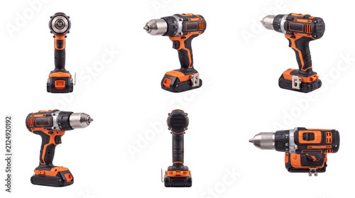 Obraz na plátne Cordless electric drill set with 6 different angles, orange and black power tool