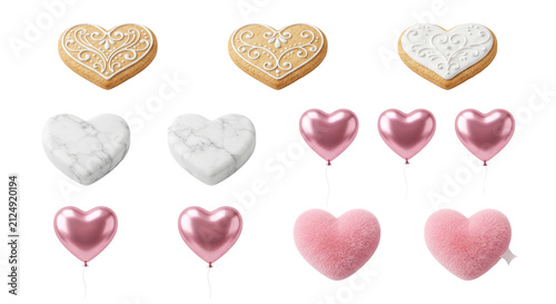 Collection of various decorative heart shaped items and pink balloon ornaments high quality 4K PNG image in white background