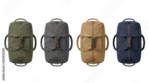 Row of four canvas duffel travel bags in different earth tones high quality 4K PNG image in high quality 4K PNG image in white background