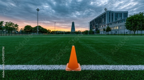 Bright orange training cone on a lush green sports field at dusk, with modern building and cloudy sky in the background, perfect for athletic activities