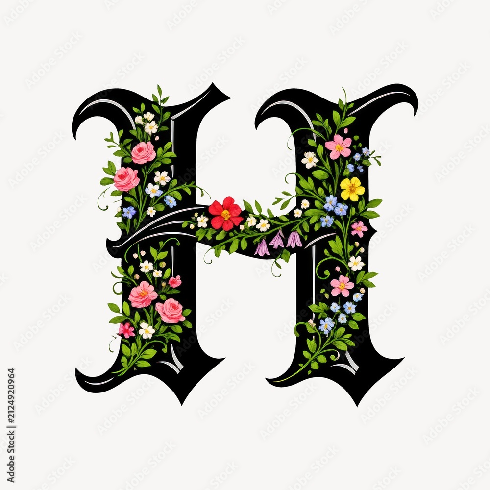 Fototapeta premium Ornate letter 'H' adorned with colorful floral designs on a white background.