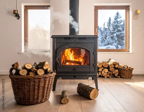 Interior view of a living space featuring a lit fireplace and surrounding wooden accents