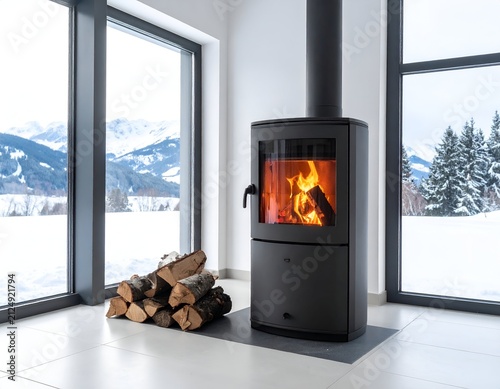 Modern fireplace in a minimalist white room with snowy mountain backdrop