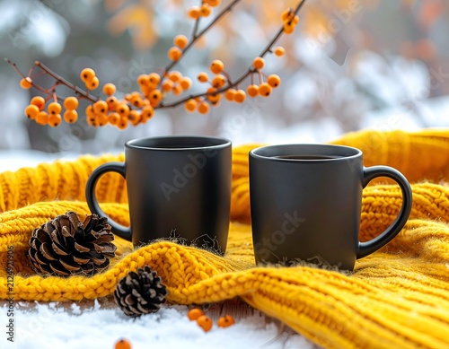 Two black mugs on yellow knitted scarf with pinecones & berries in snowy outdoors